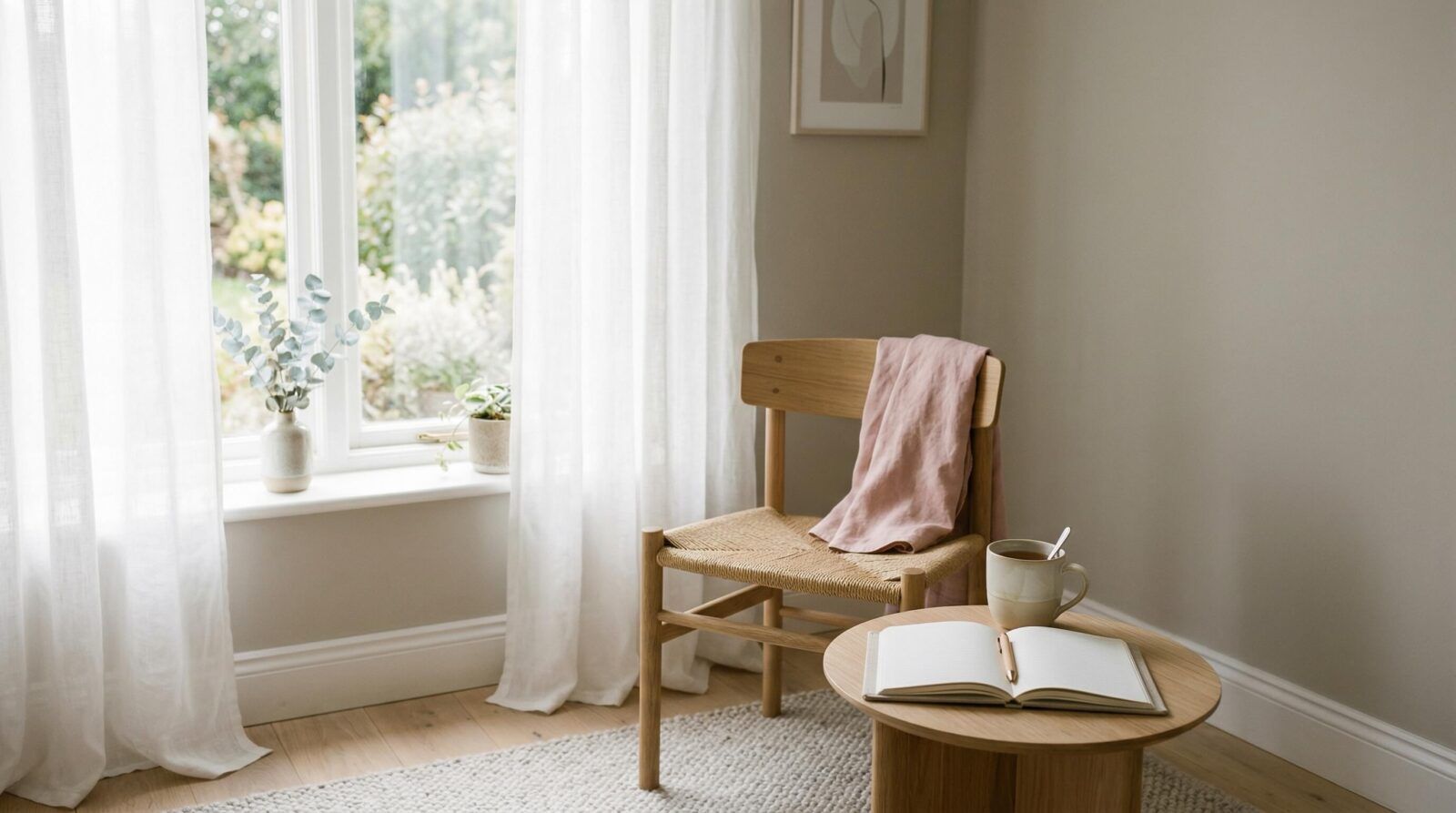 Neutral Living Room and Moody Wall Mural in Bedroom