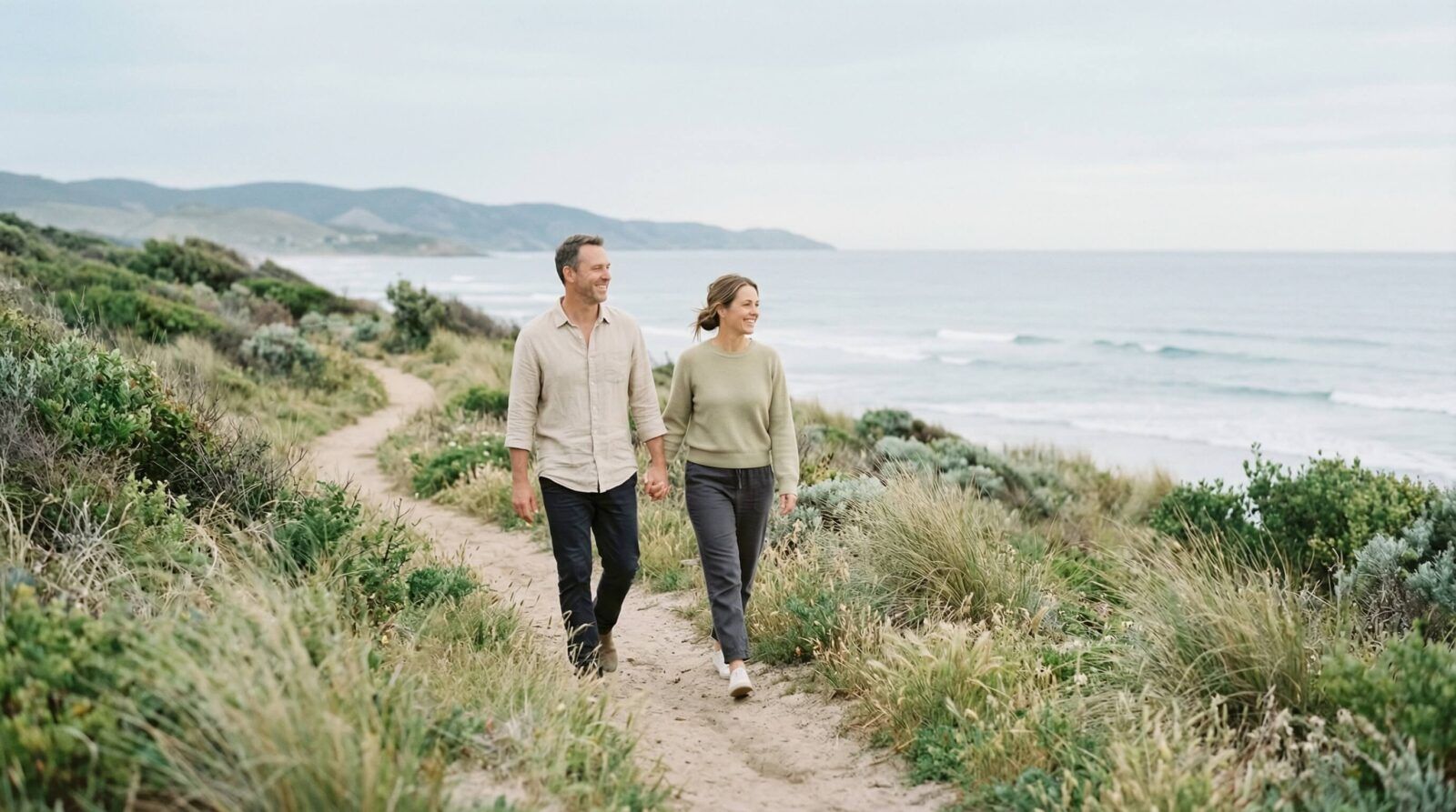 middle-aged couple trail hiking together