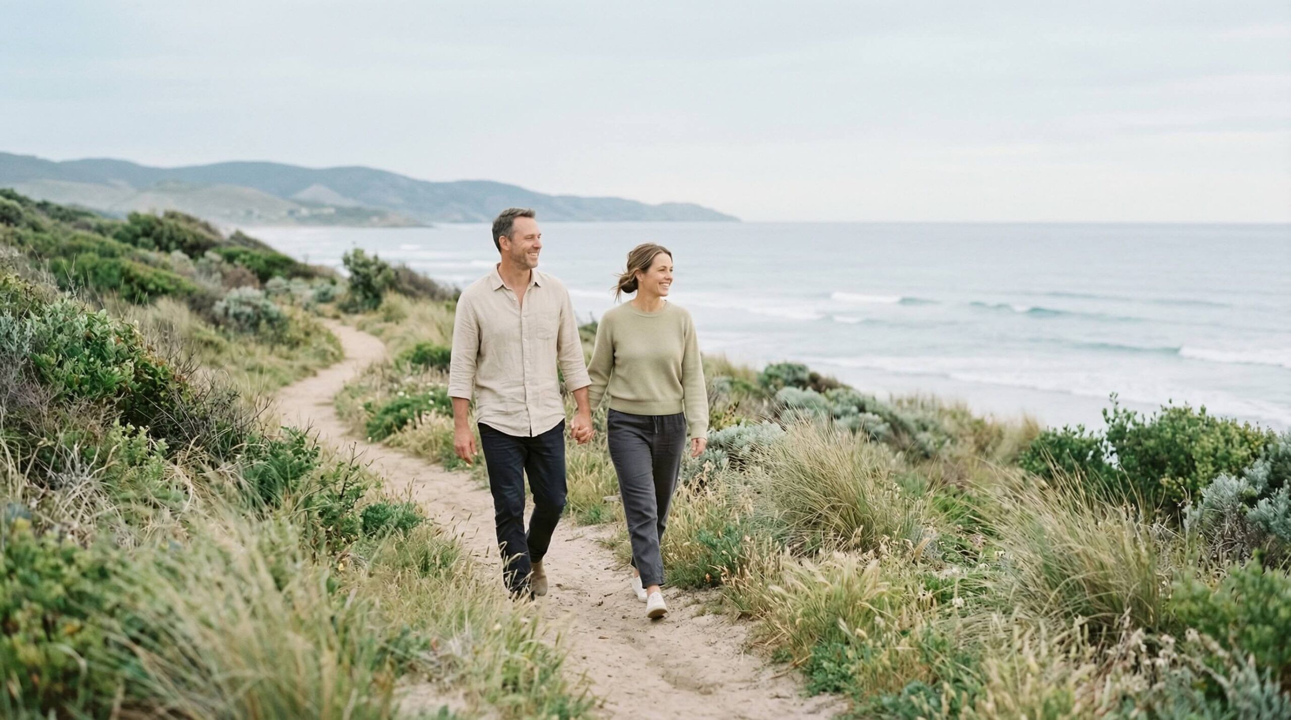 middle-aged couple trail hiking together