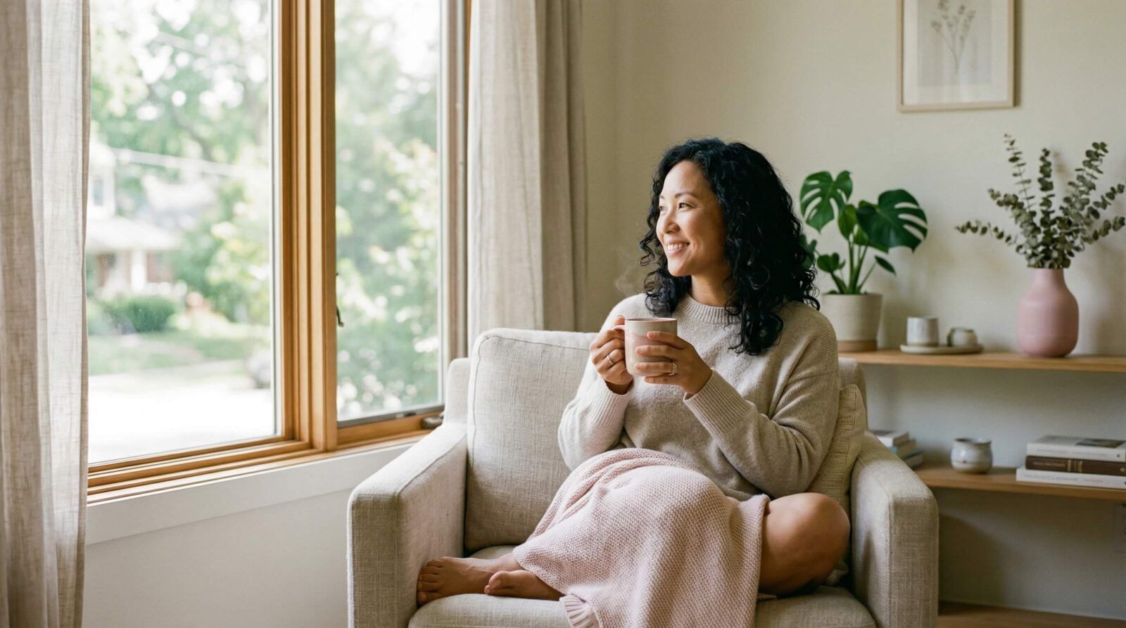 happy woman holding a mug looking outside the window
