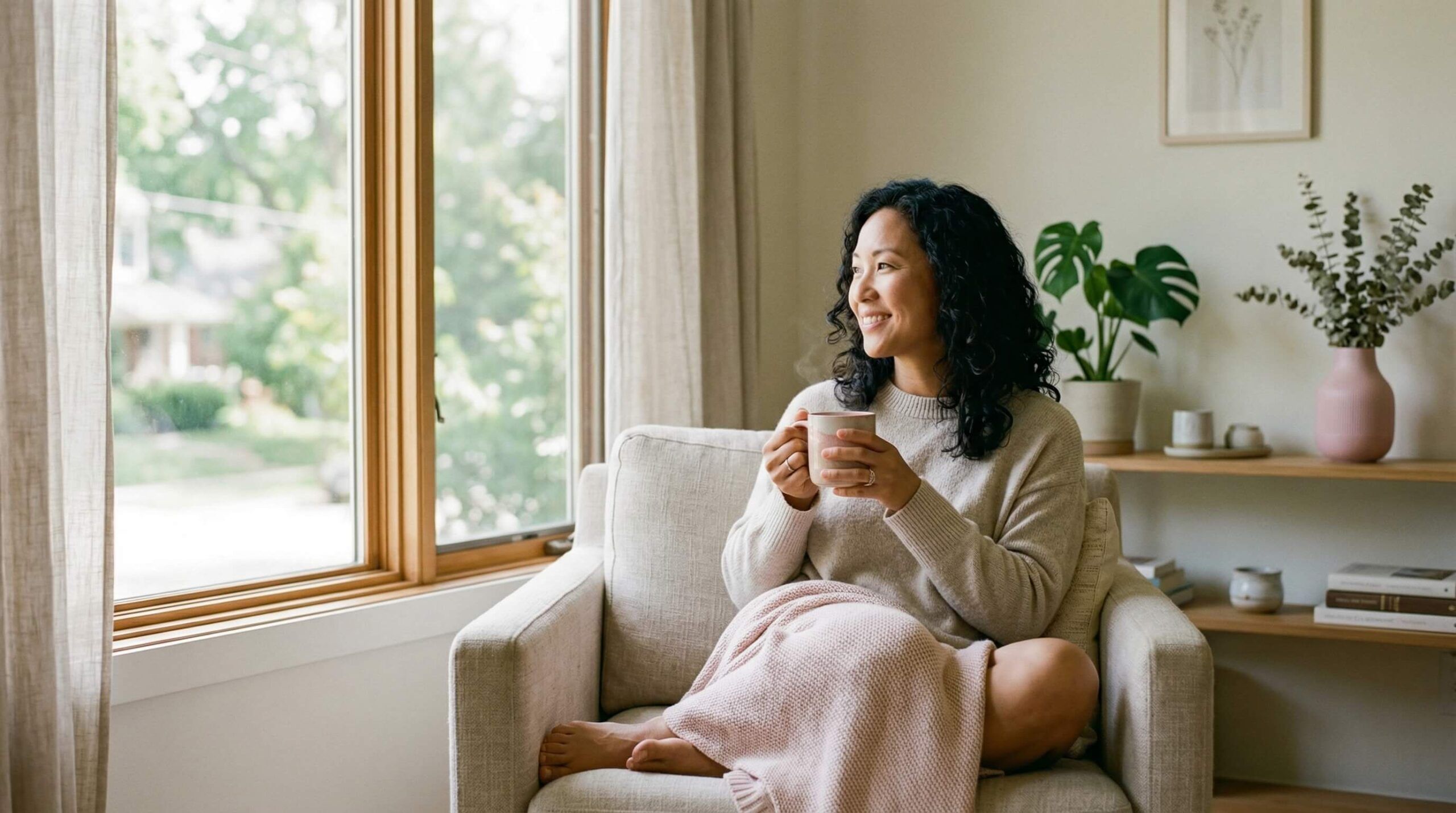 happy woman holding a mug looking outside the window