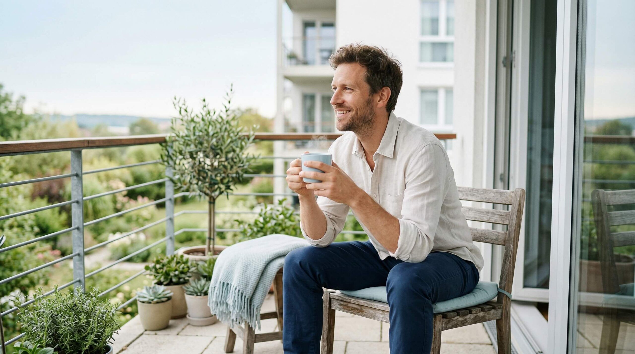 man sitting on a wooden chair, holding a mug and overlooking a green landscape
