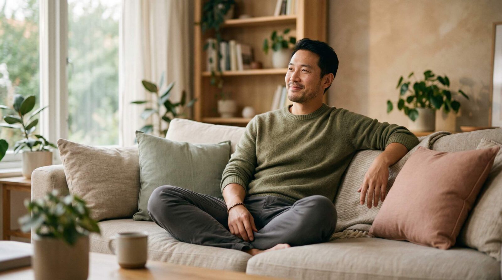 happy man sitting on a sofa