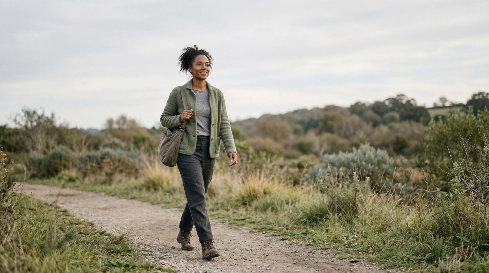 happy woman trail hiking alone