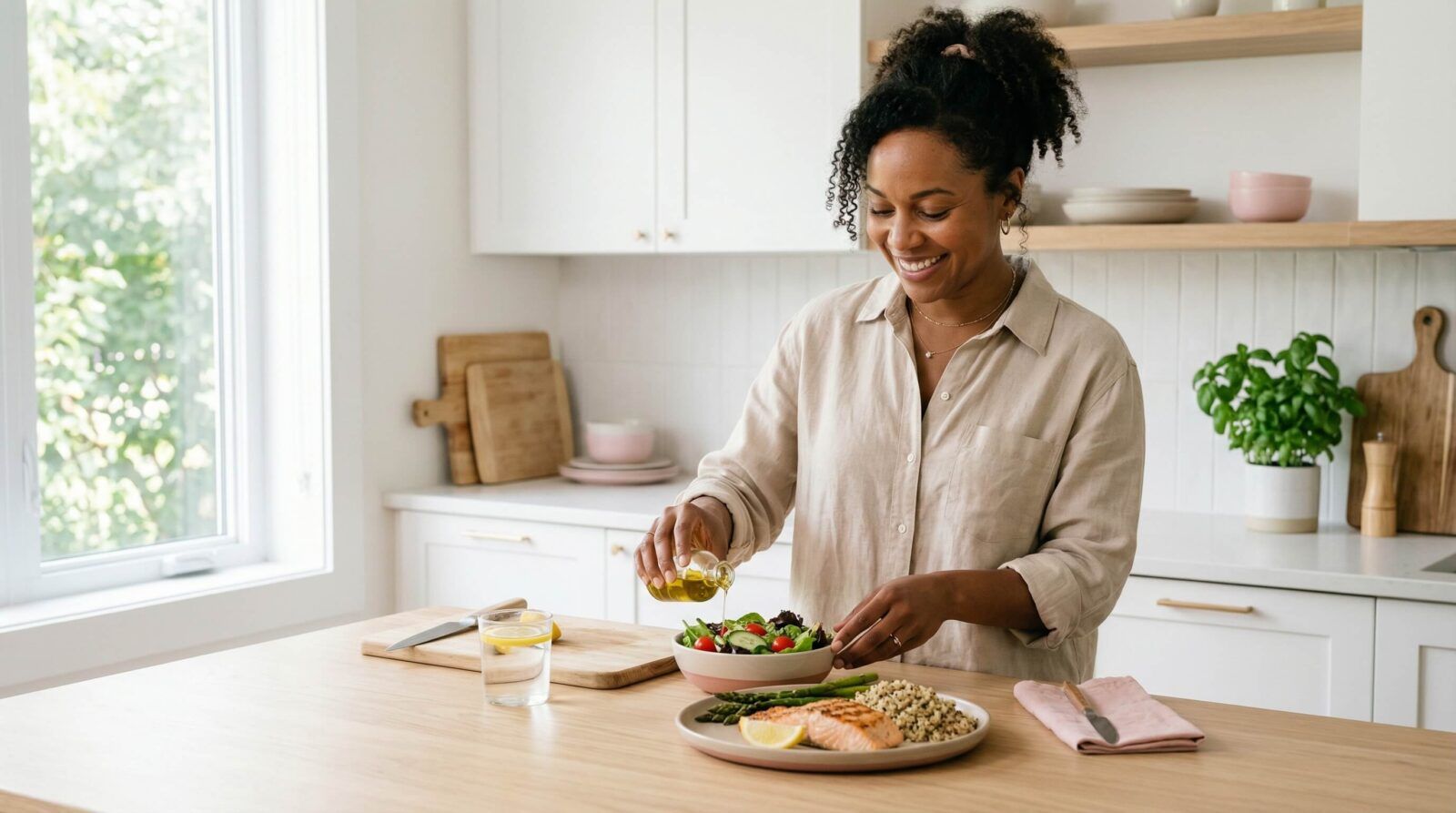 black American woman preparing salad on her kitchen