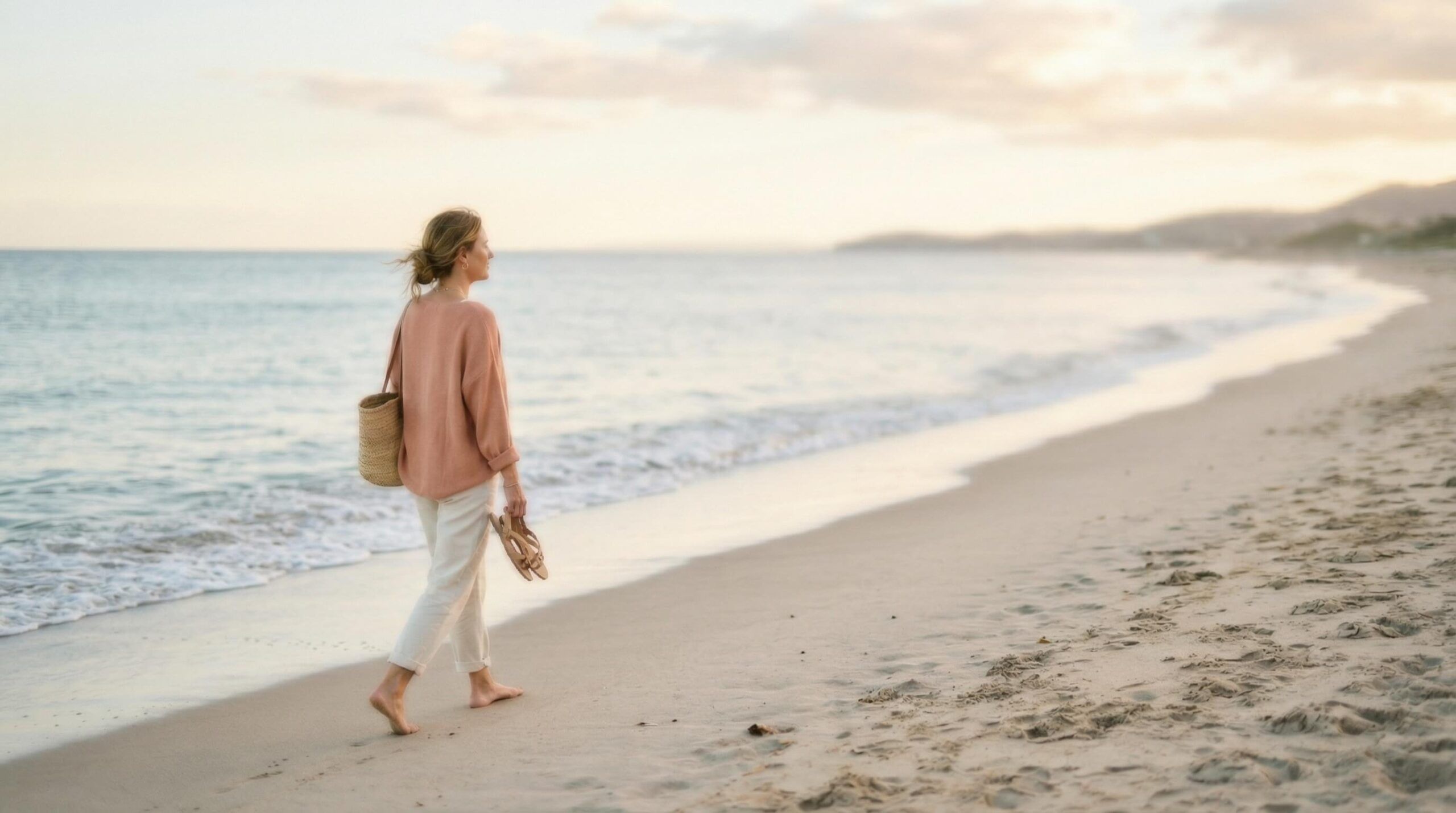 elderly woman waling alone in the beach