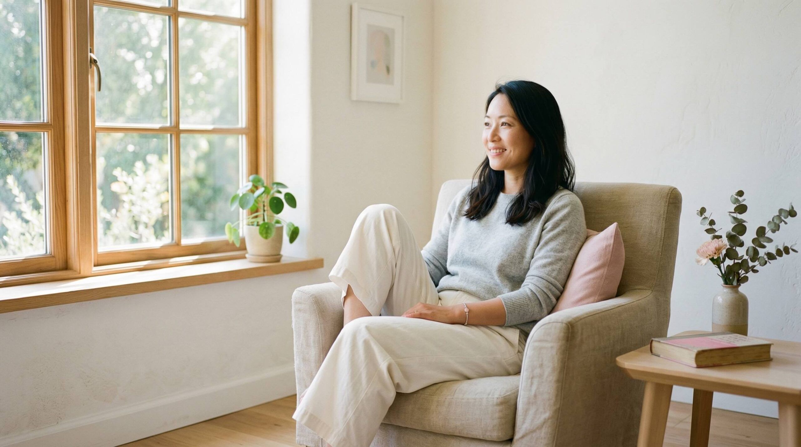 happy woman looking outside the window