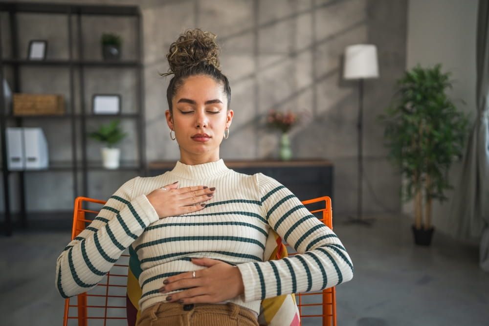 one woman adult caucasian female meditate millennial meditation practicing mindfulness yoga