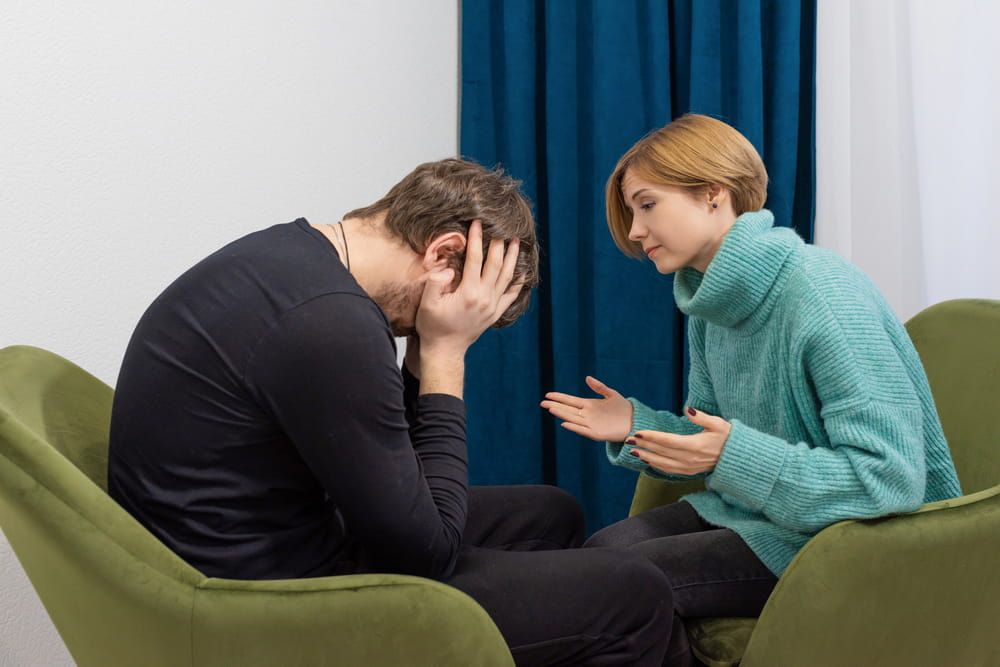 A man with his problems at a psychologists office. The patient is consulted with a psychologist. Psychological counselor concept.