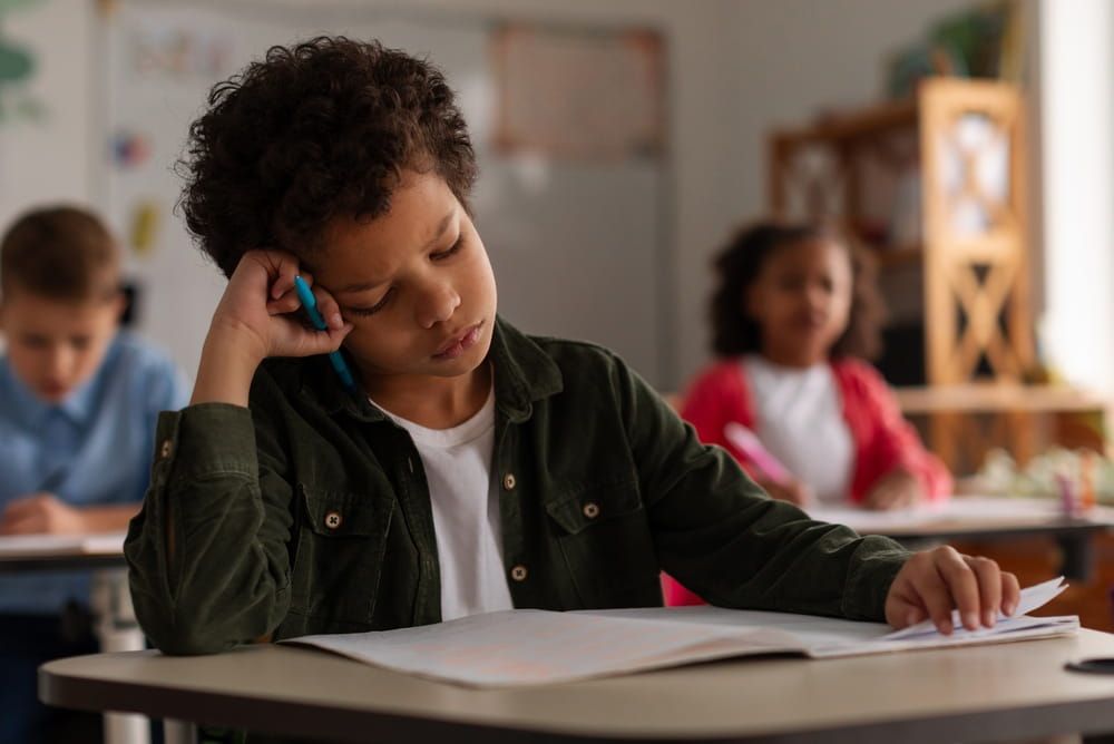 Tired schoolboy writing in notebook in classroom, struggling with focus during lesson