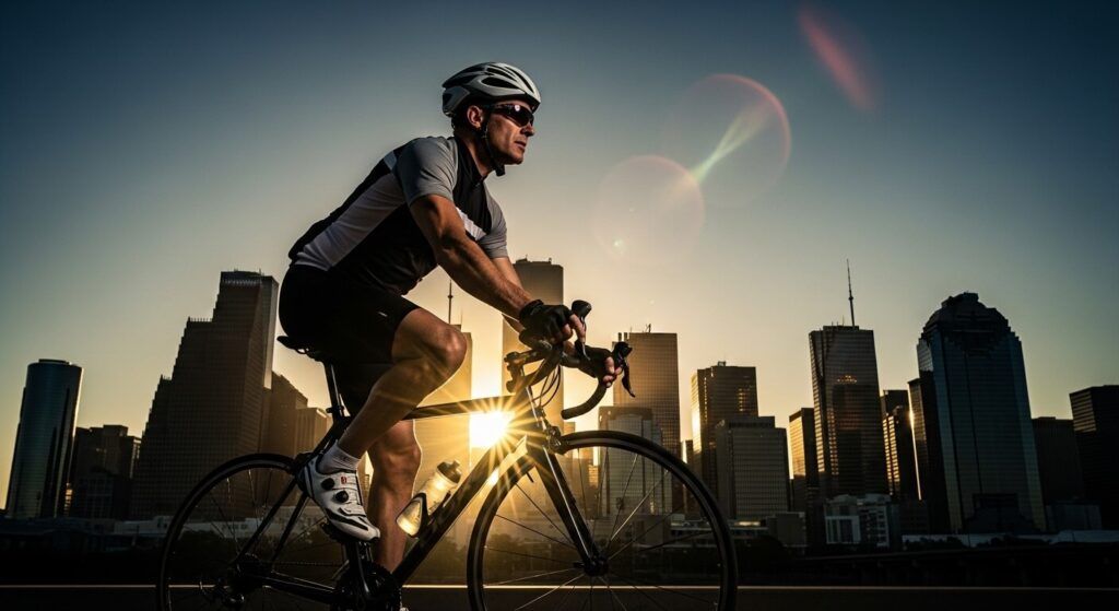 male cyclist riding a road bike against a city skyline at sunset or sunrise