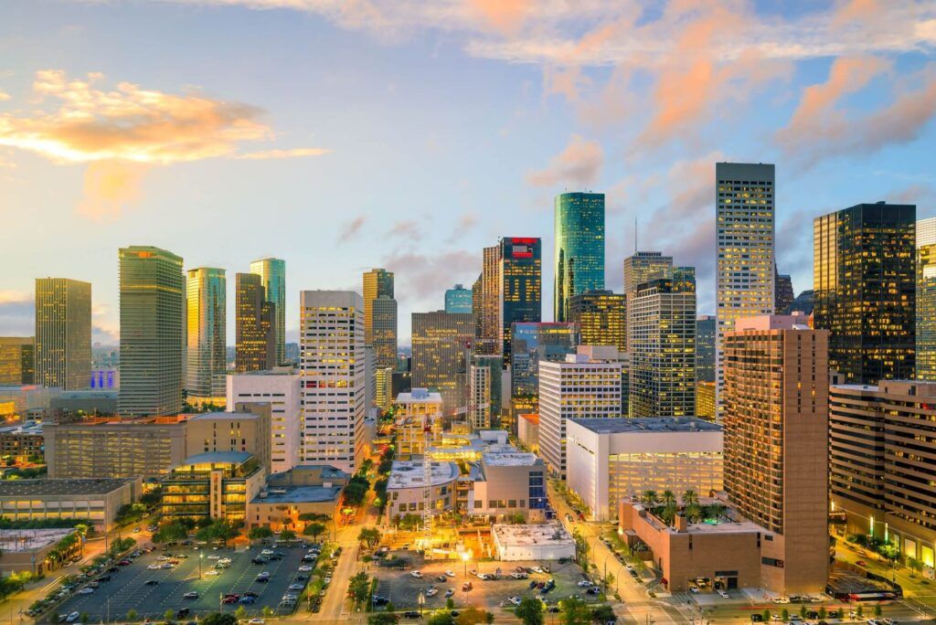 Downtown Houston skyline in Texas USA at twilight