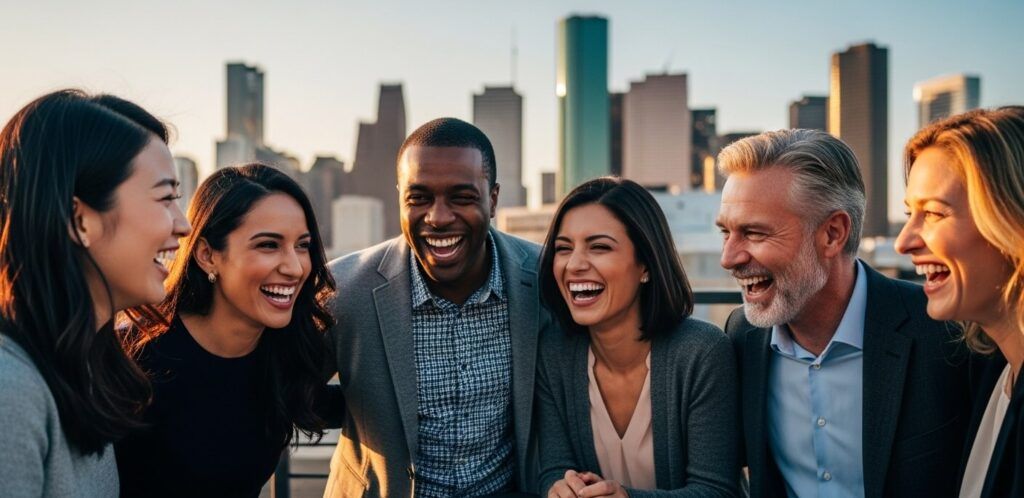 group of men and women laughing together outdoors in a modern urban café or rooftop setting
