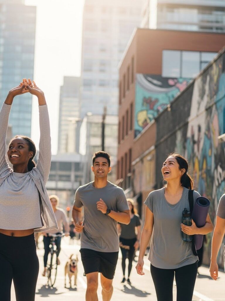 diverse group of adults enjoying an active or wellness-focused environment