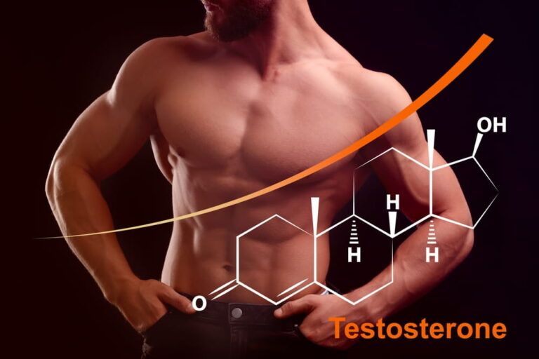 Muscular man and structural formula of testosterone on black background