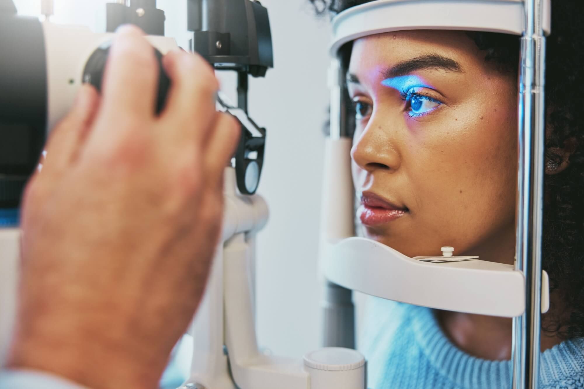 Ophthalmology, healthcare and eye exam with black woman and consulting for vision