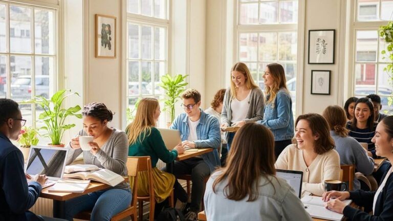group of college students in a coffee shop