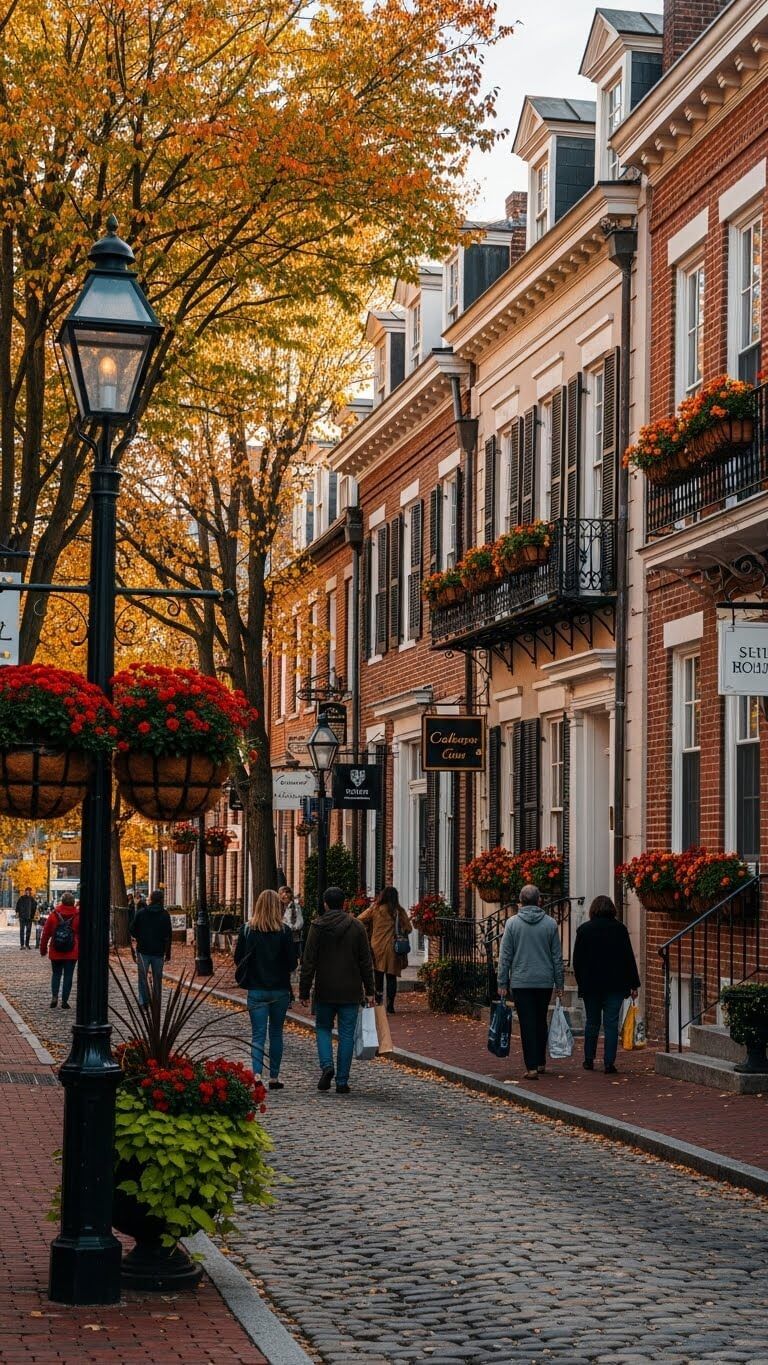 a picturesque autumn day on Captain's Row in the Old Town historic district of Alexandria, Virginia