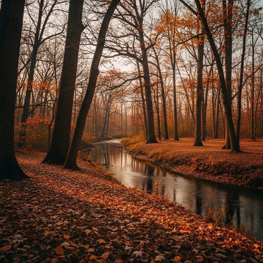 a serene autumn forest scene with a small creek flowing