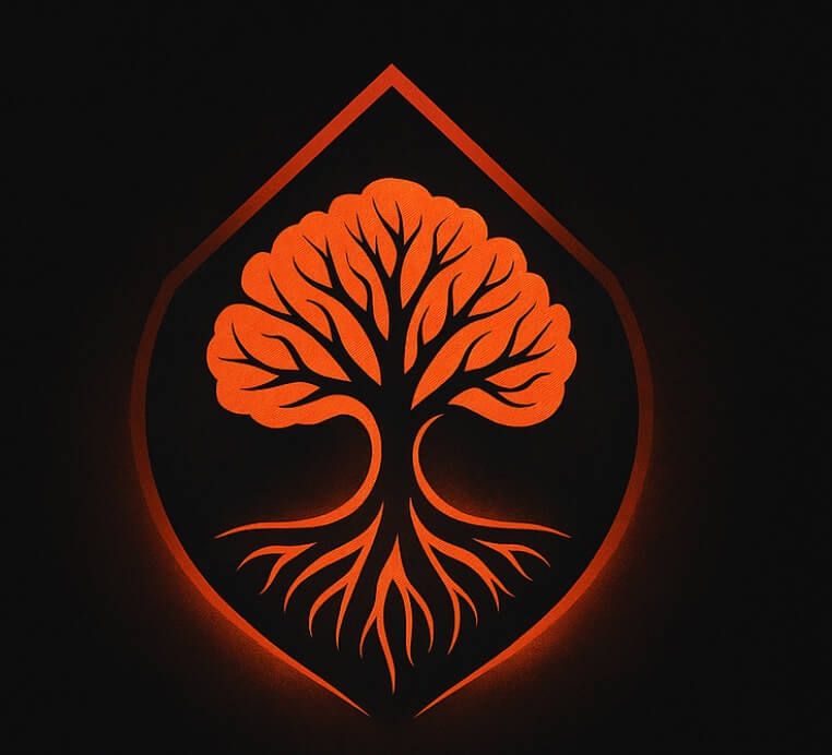 a stylized graphic of a tree with roots and branches