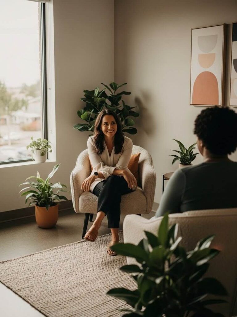 a professional therapy or counseling session in a modern, serene office setting.