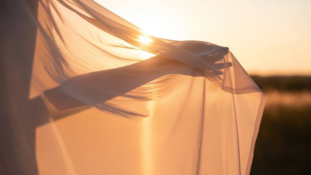 delicate, light-colored fabric billowing gracefully, capturing the warmth and glow of the golden hour sun