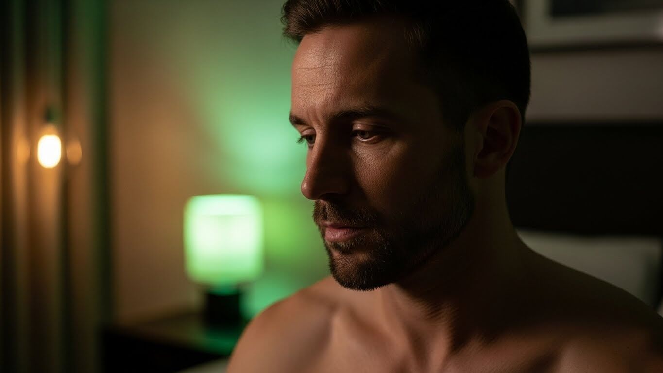 a man in a room with soft, green lighting in the background.