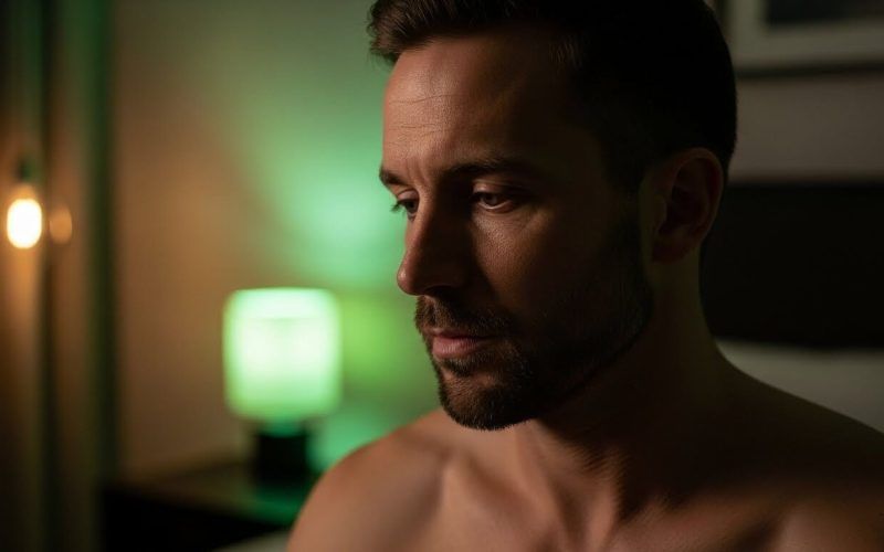 a man in a room with soft, green lighting in the background.