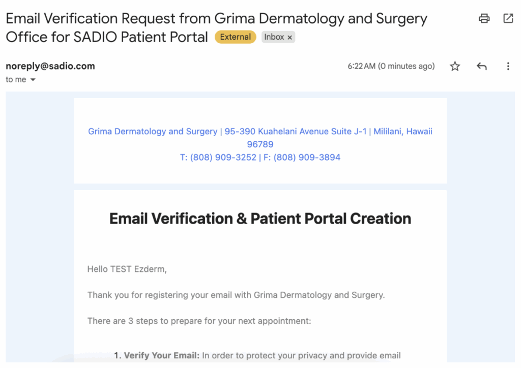 email verification request from Grima Dermatology and Surgery for a patient portal