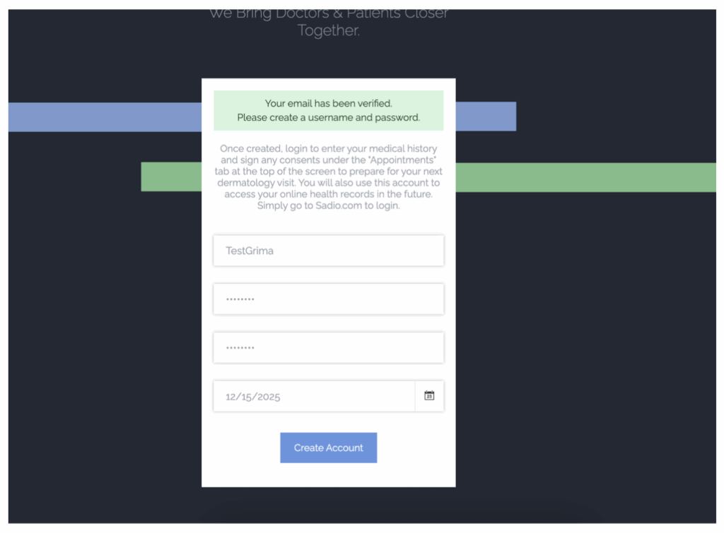 patient portal account creation page for a dermatology service called Sadio
