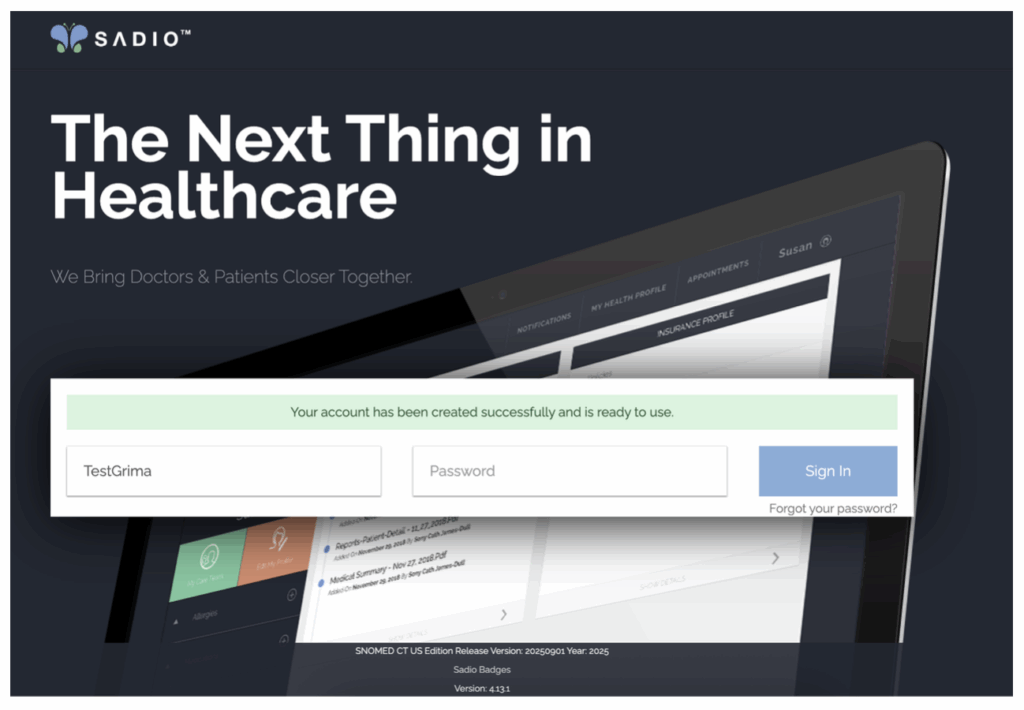 login page for Sadio, a healthcare patient portal