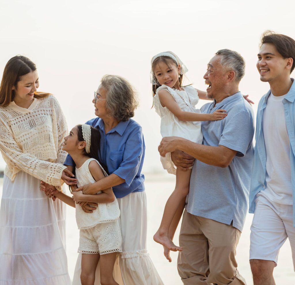 happy family beach vacations. Children elderly retirement grandparent