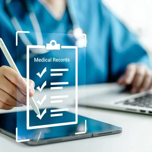 Medicine doctors inspect electronic medical records on tablet