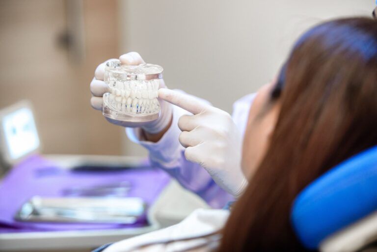 Dentist showing teeth model and discussing with patient about human teeth with gums