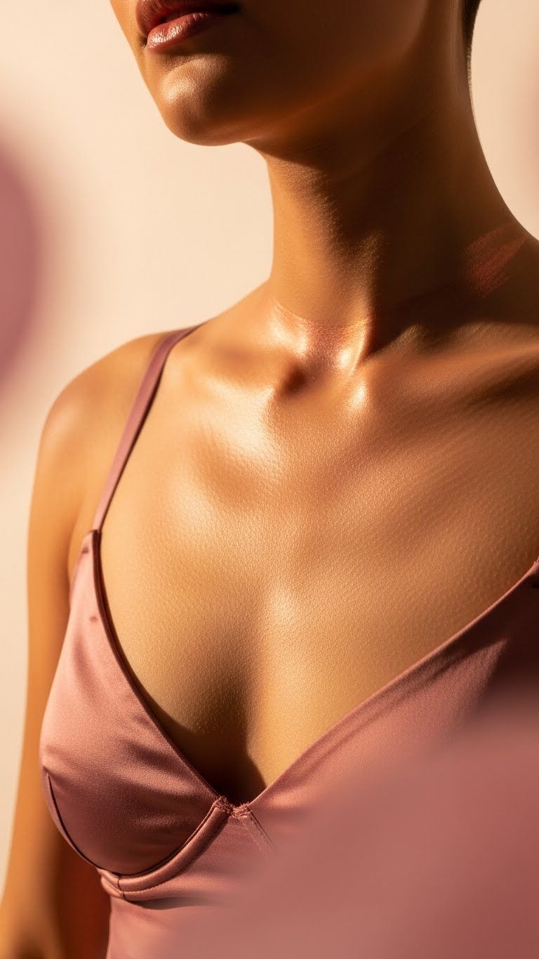 Editorial close-up image focusing on the chest area, tastefully highlighting the breast. Sophisticated, artistic composition with soft, flattering lighting.