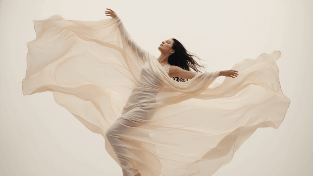 dancer wearing a flying dress made of lightweight material