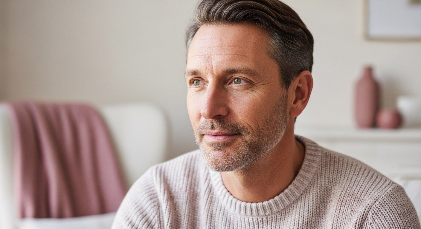 Horizontal editorial-style image of a middle-aged man with naturally refreshed eyes, looking thoughtful and confident.
