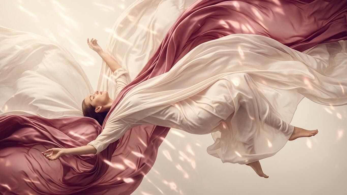 Horizontal editorial-style image of a woman appearing to float gracefully in soft, flowing silk, like drifting in water.
