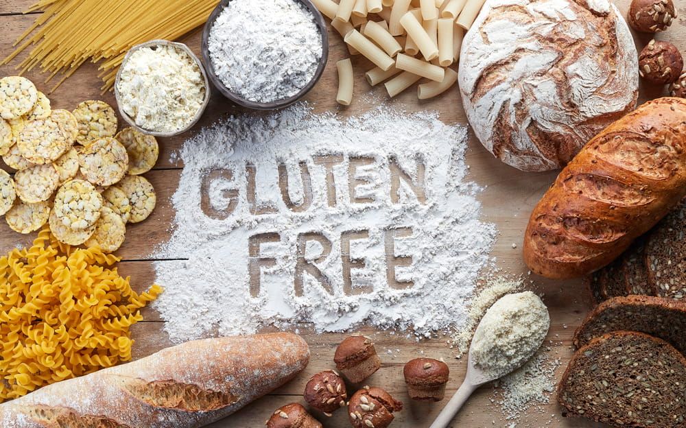 Gluten free food. Various pasta, bread, snacks and flour