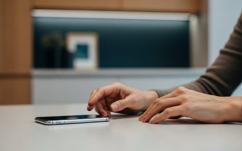 person interacting with a smartphone placed on a table