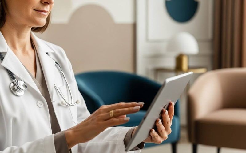 a medical professional using a digital tablet