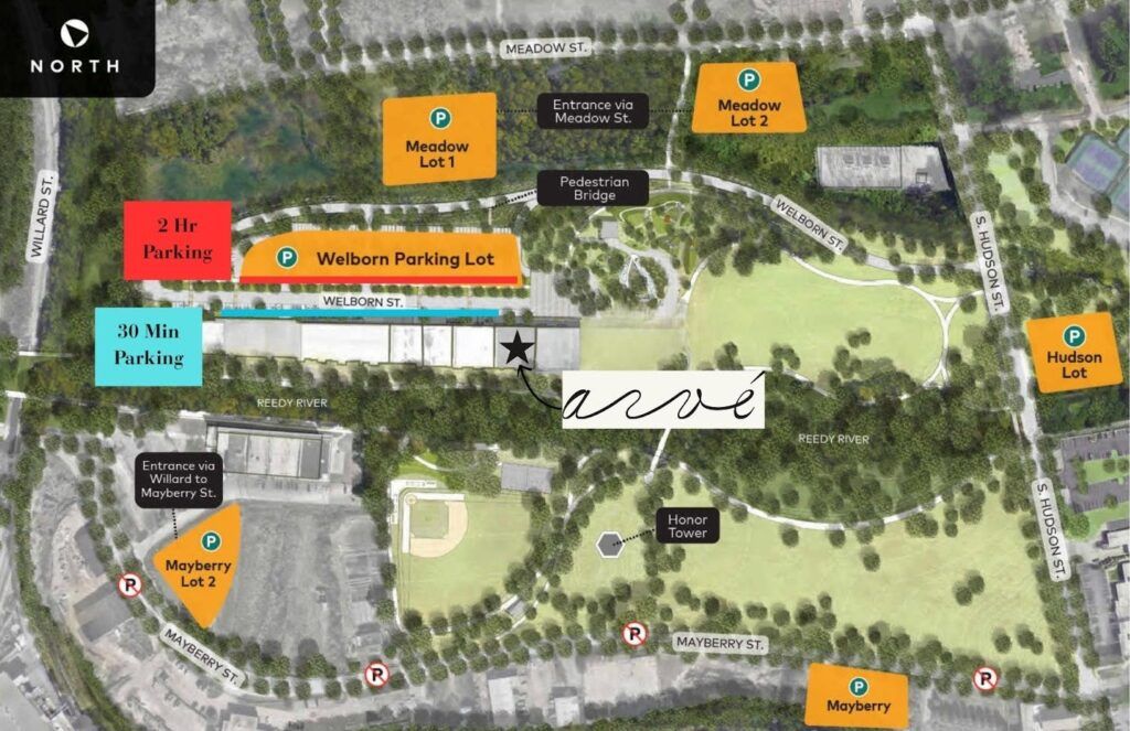 Map showing parking options for Arvé Aesthetics near Welborn Street in Greenville