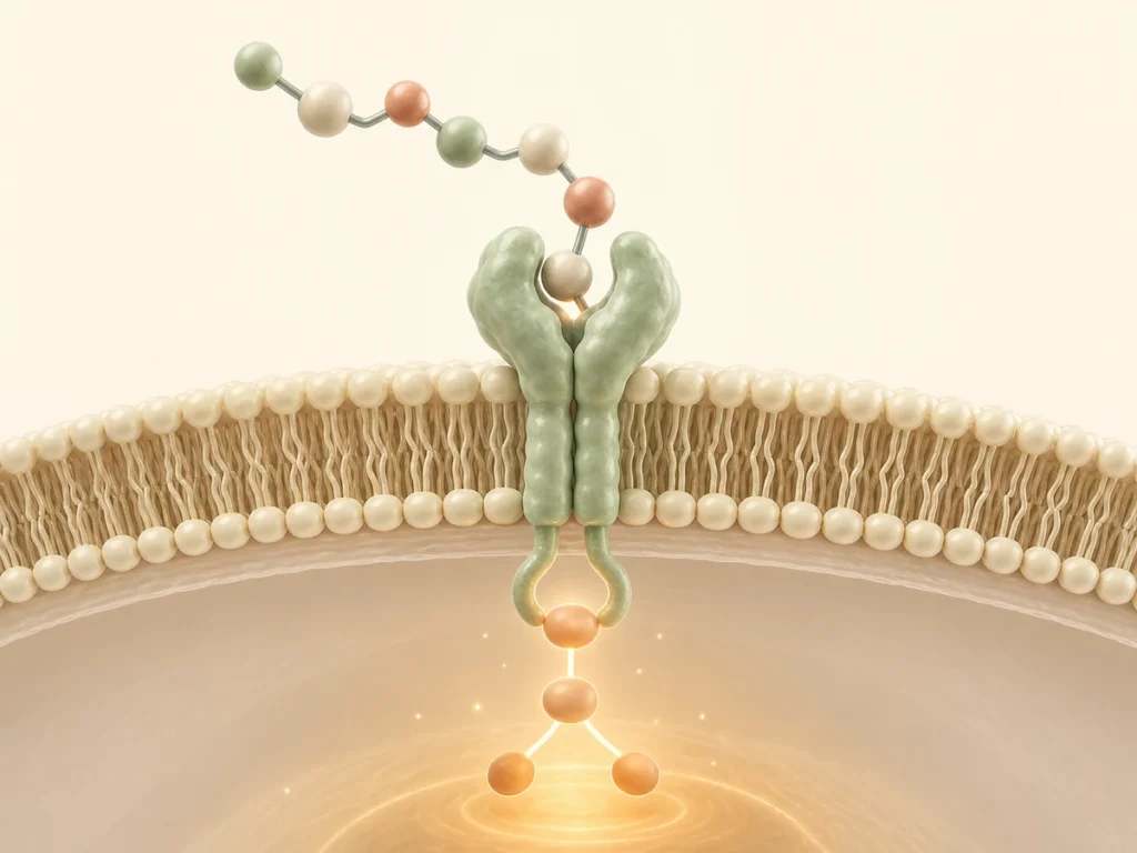 Simplified peptide chain binding to a cell receptor and initiating a signal.