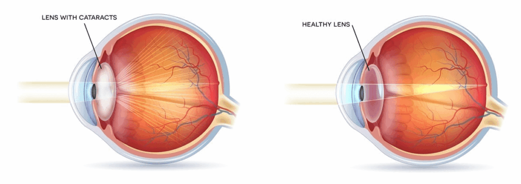 image illustrates the difference between a healthy human eye lens and one with a cataract.