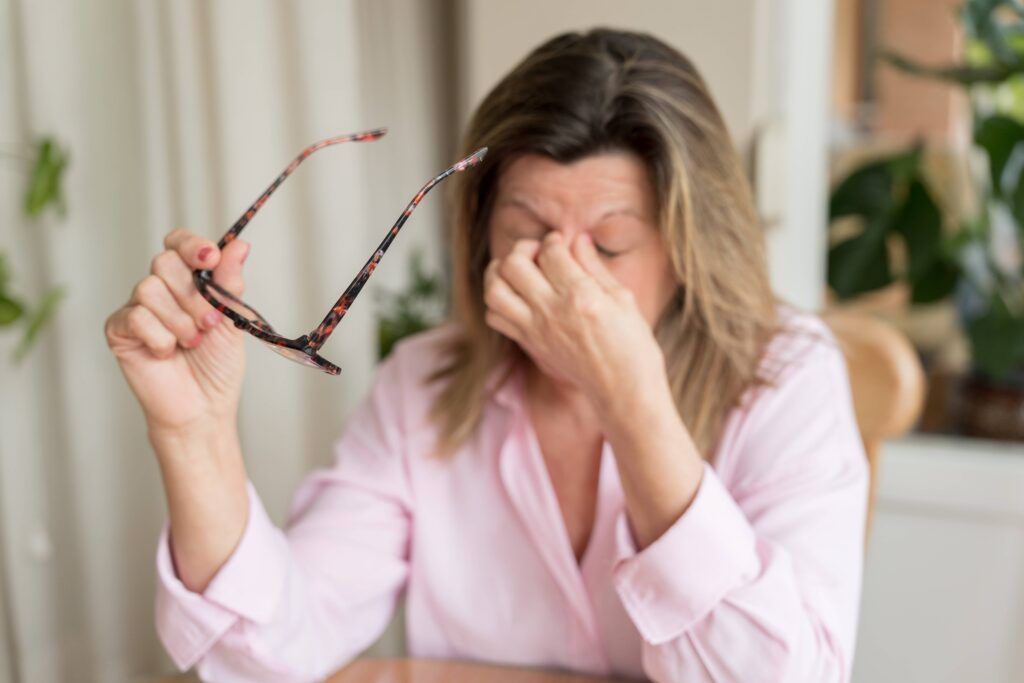 Mature woman feeling illness, rubbing her eyes and forehead in discomfort, holding glasses after long screen time