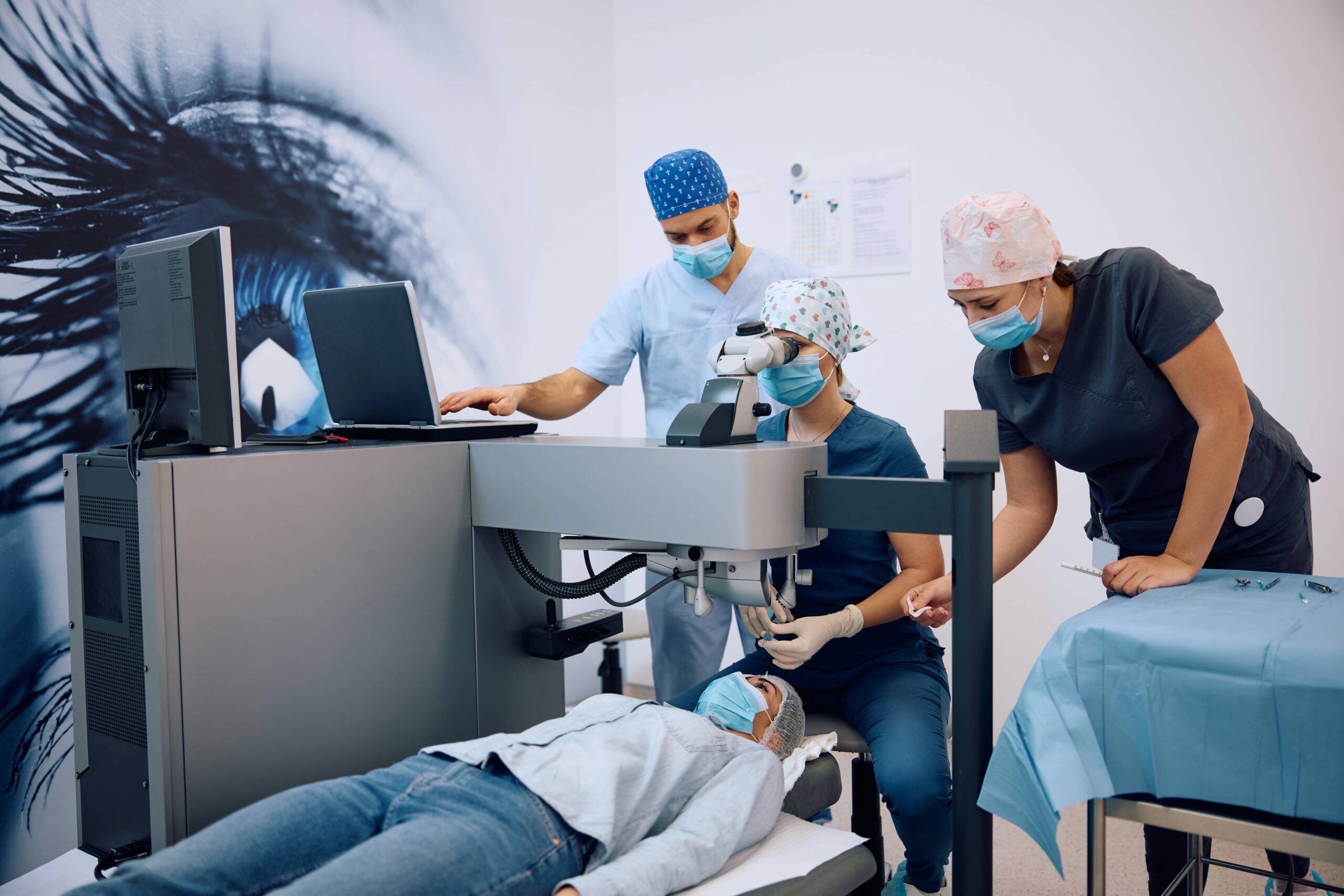 Ophthalmologist and her coworker performing laser eye surgery at the clinic