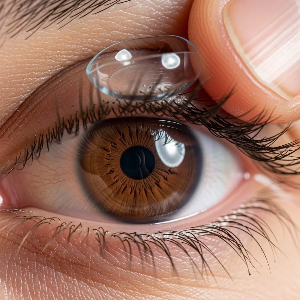 macro close up of a human eye with natural lashes, showing a person holding a large specialty contact lens (scleral or rigid lens)