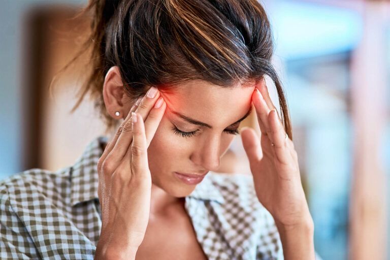 Headache, woman and hands on head for pain, stress and burnout or brain fog