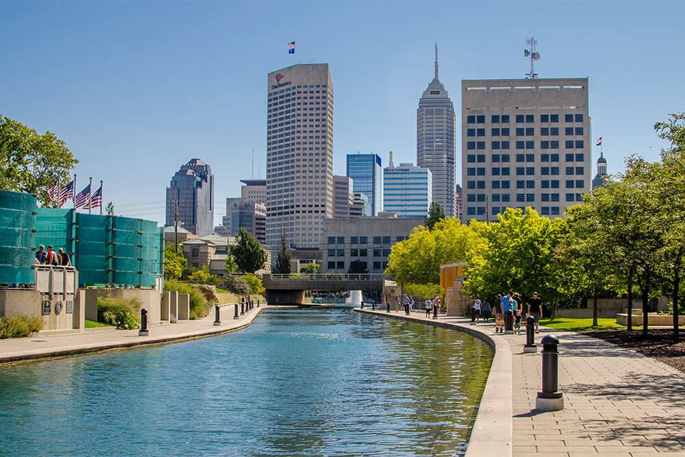 Indianapolis skyline seen from canal walkway