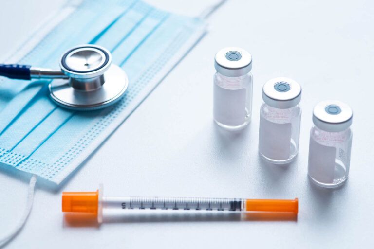 Glass Medicine Vial And Pills, Glass Medicine Vial And Botox Syringe, Vaccination And Immunization